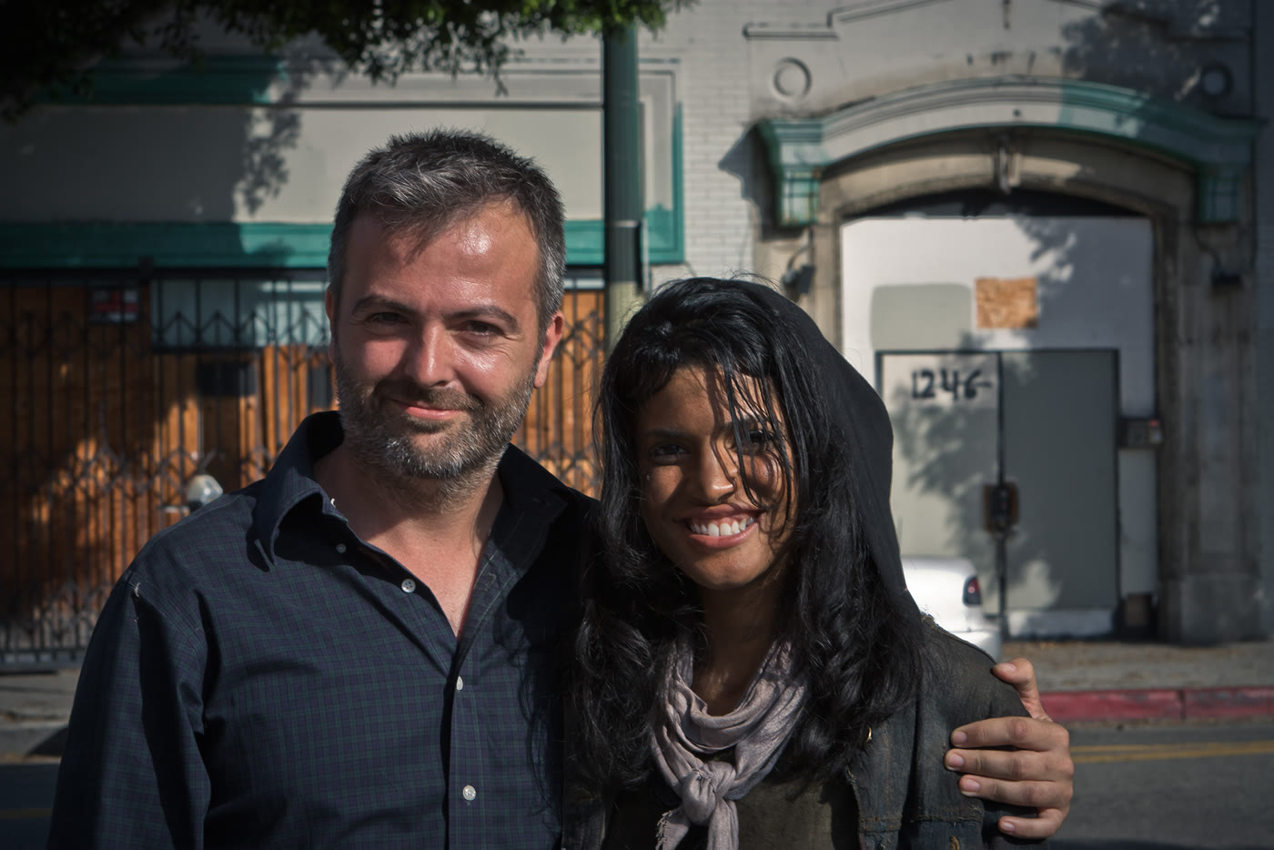 Efram Potelle with an actress on location.