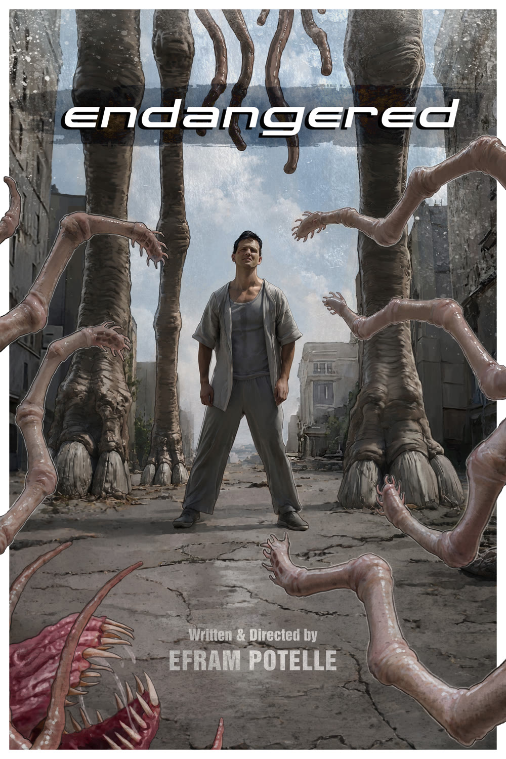 Endangered poster: a man stands in a ruined street surrounded by the legs of an enormous creature.