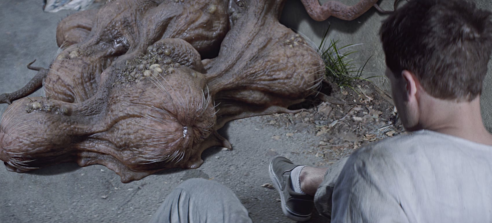 A man crouched beside a fallen creature in the street — a frame from Endangered.